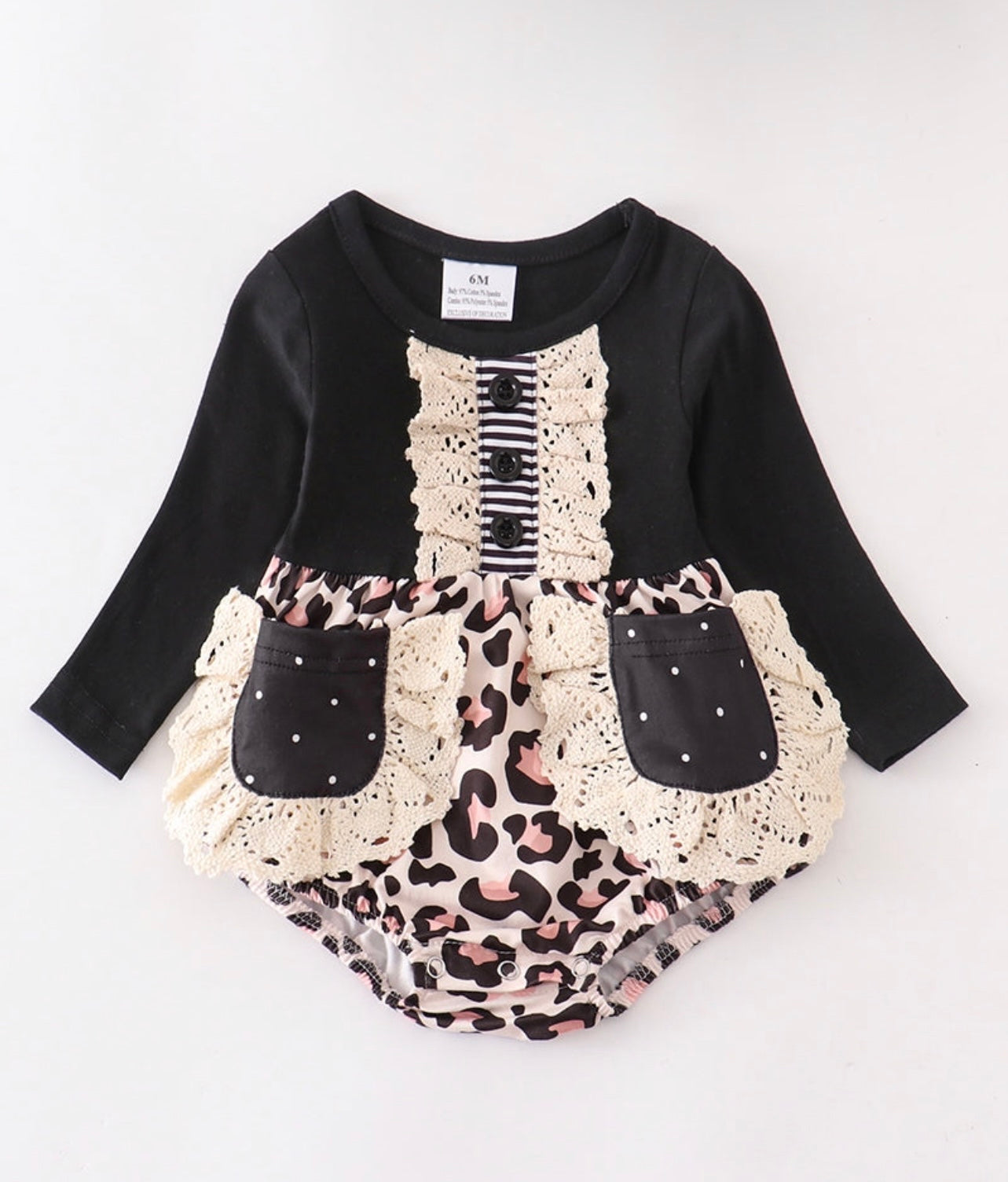 Black Leopard ruffle baby romper