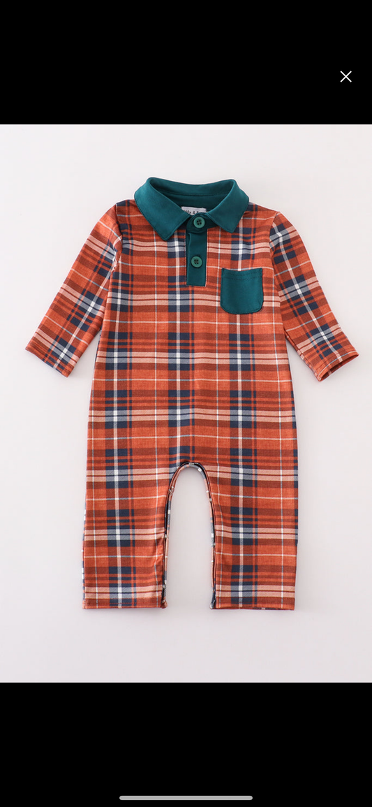 Orange plaid boy romper