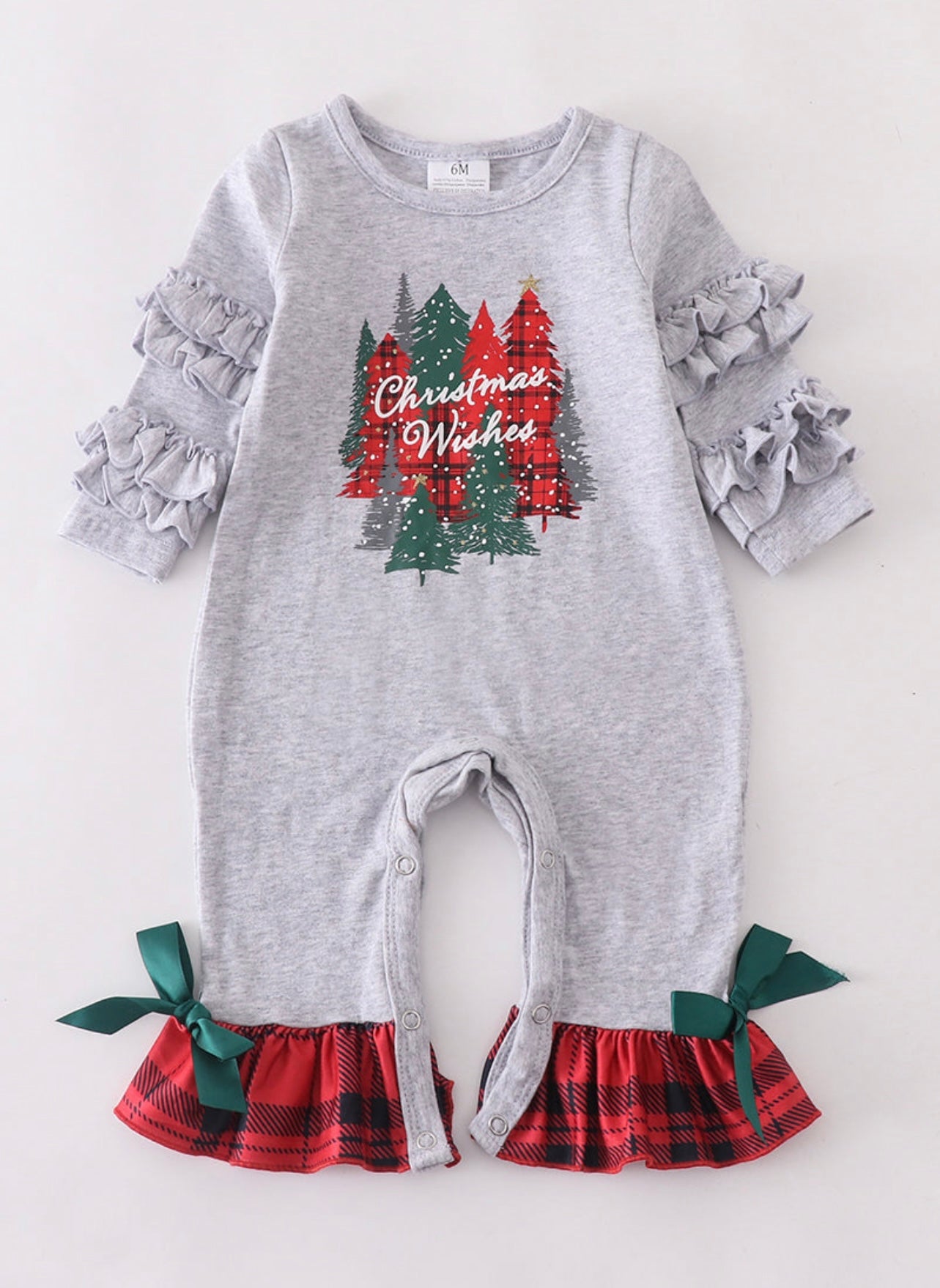 Grey Christmas Tree plaid romper