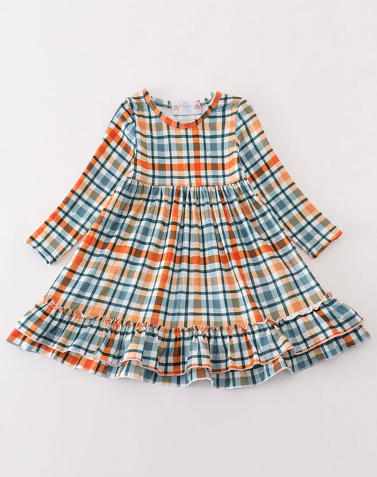 Green and orange plaid ruffle dress