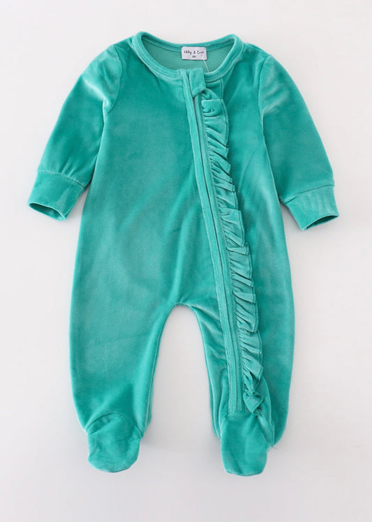 Turquoise Velvet ruffle romper