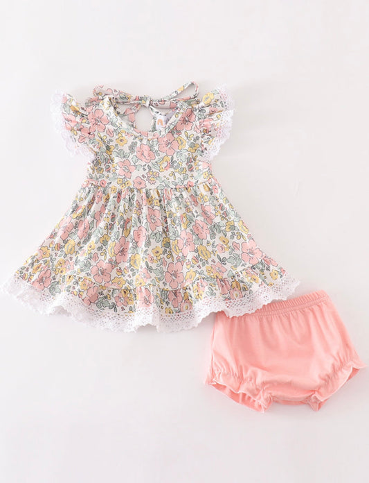 Pink Floral baby bloomers set