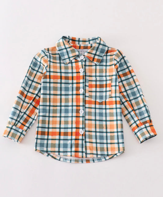 Green and orange plaid button down
