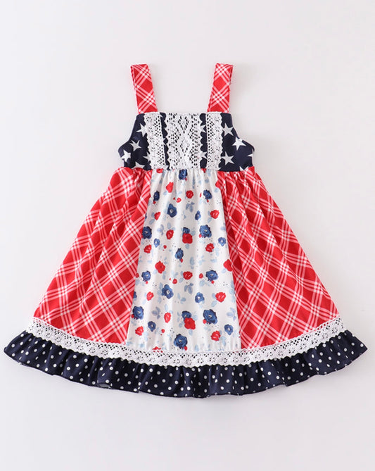 Patriotic Plaid Lace Smocked dress