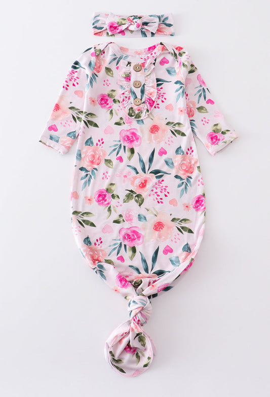 Pink Floral bamboo baby gown