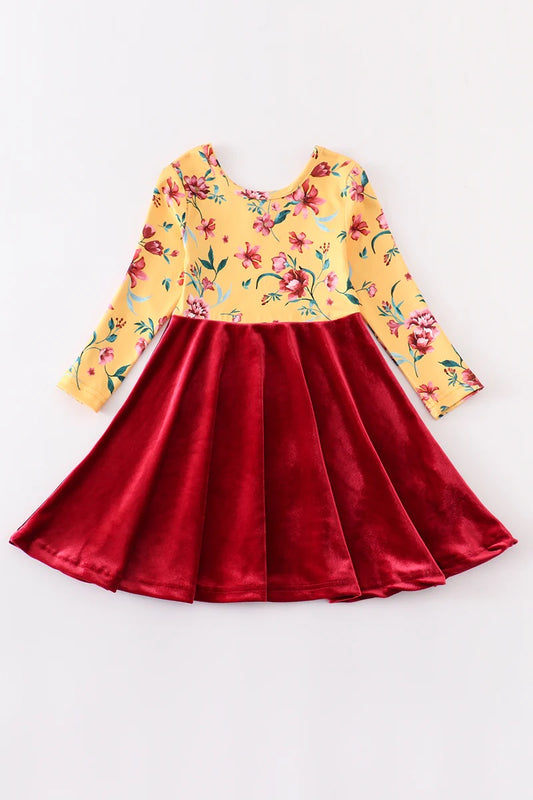 Maroon Floral Velvet Twirl Dress