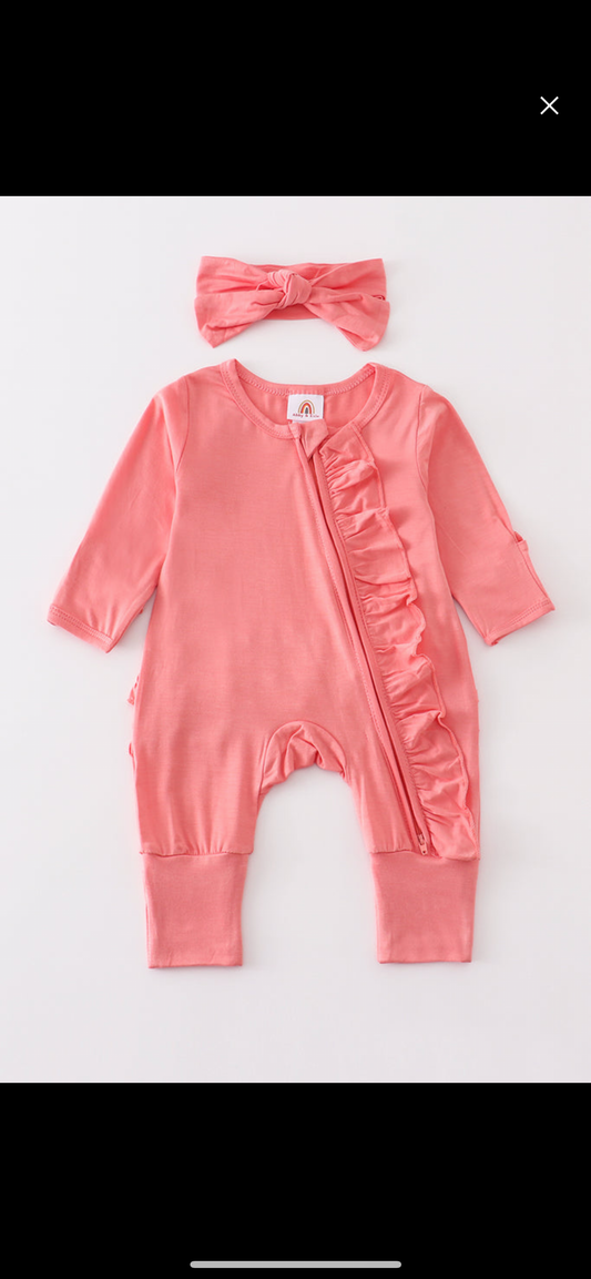 Coral bamboo ruffle romper