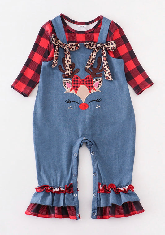 Plaid Reindeer Overall ruffle romper