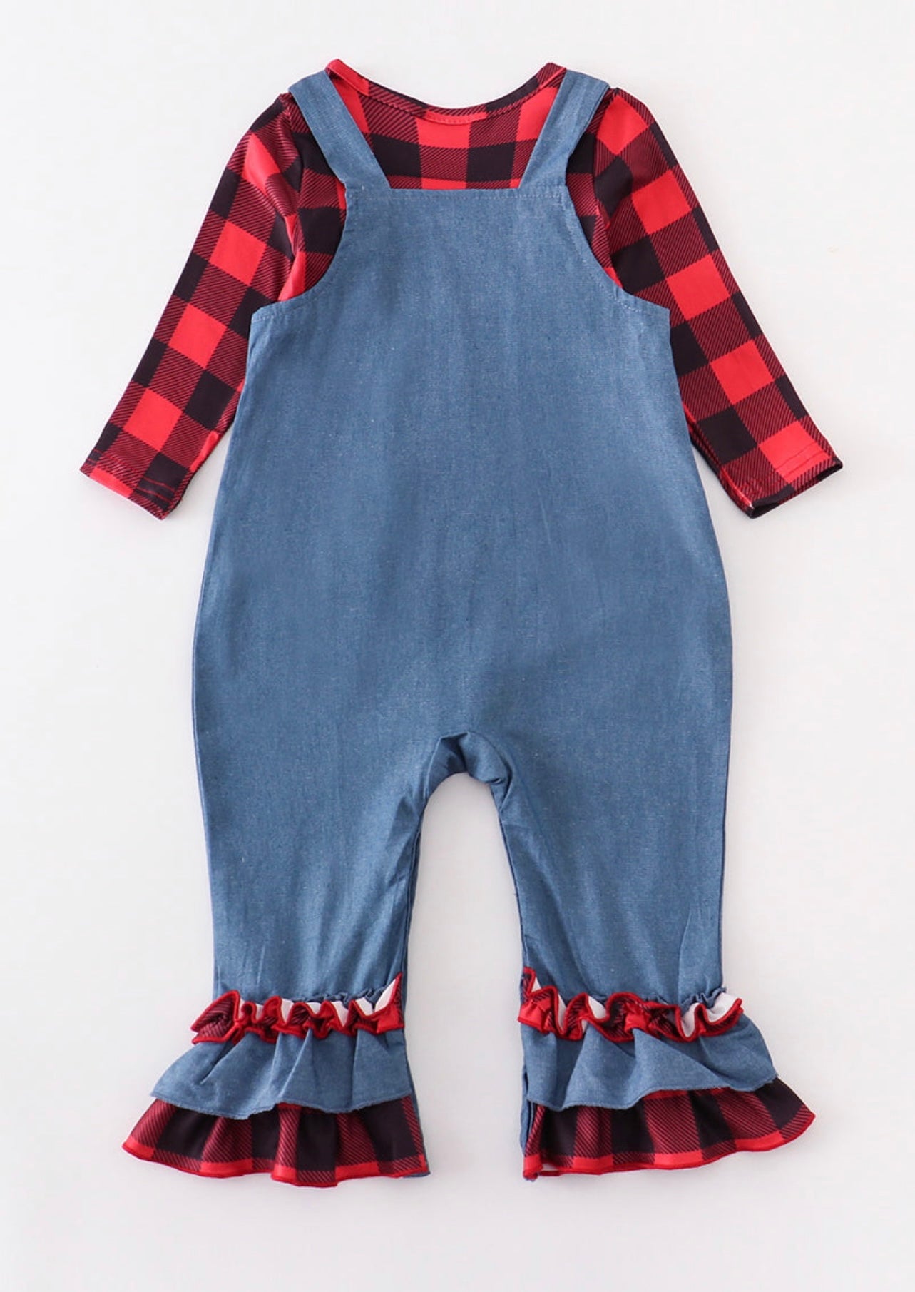 Plaid Reindeer Overall ruffle romper