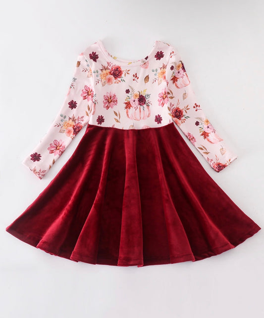 Maroon Pumpkin Floral Velvet Twirl dress