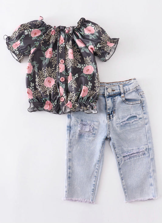 Floral ruffle denim set