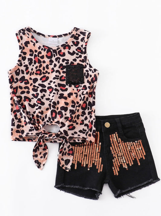 Brown leopard denim set