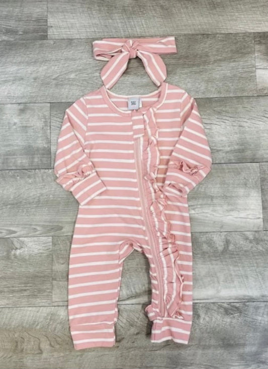 Pink and white striped ruffle romper