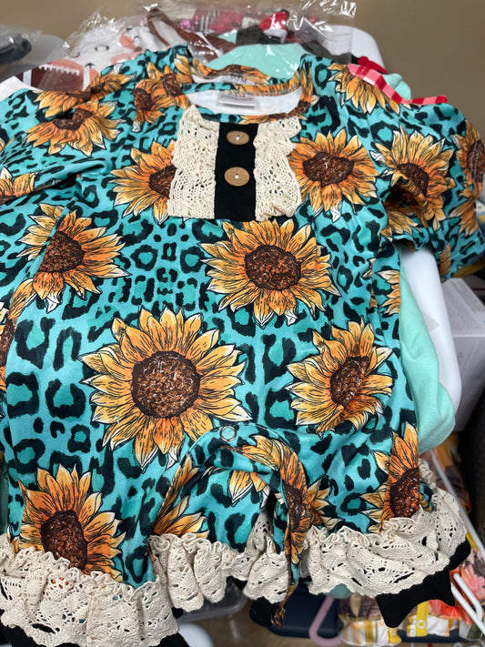 Teal sunflower romper