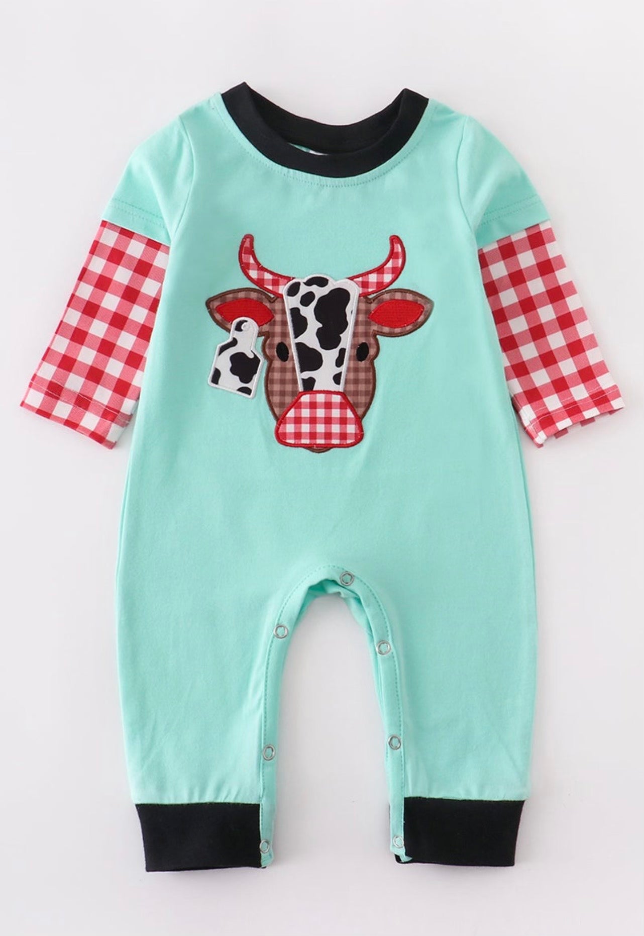 Teal plaid cow romper