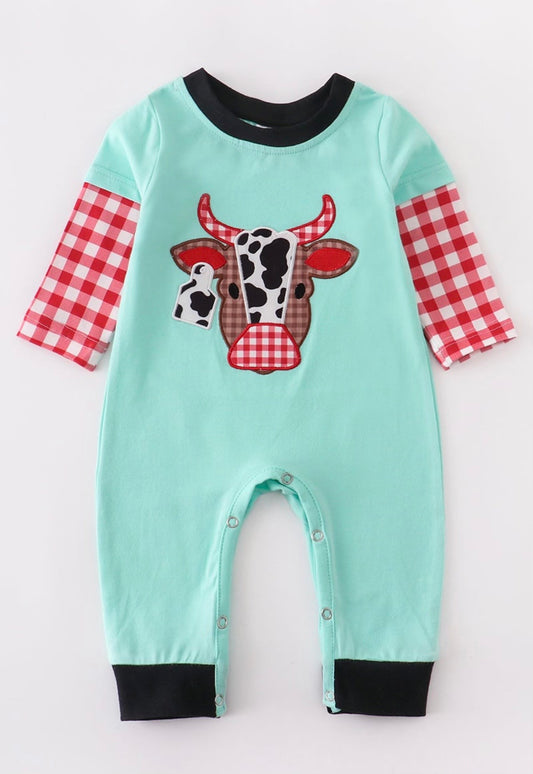 Teal plaid cow romper