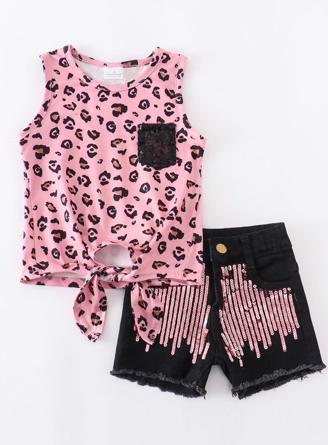 Pink cheetah print with denim shorts