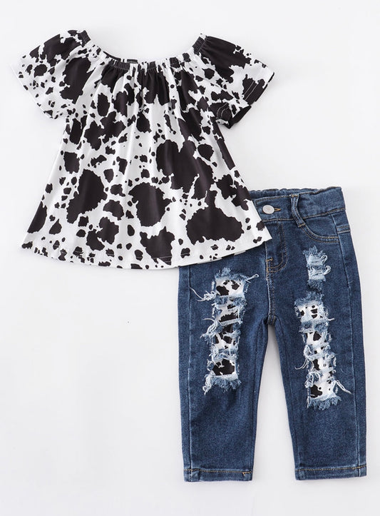 Cow print denim set