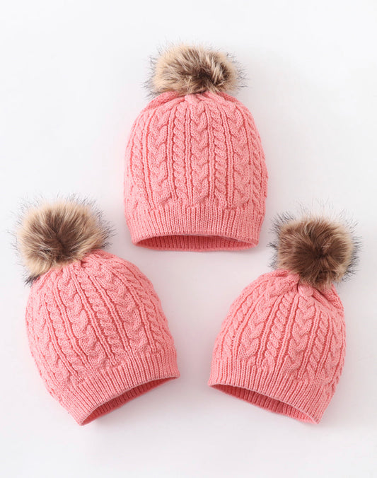 Pink Cable Knit Pom Pom beanie