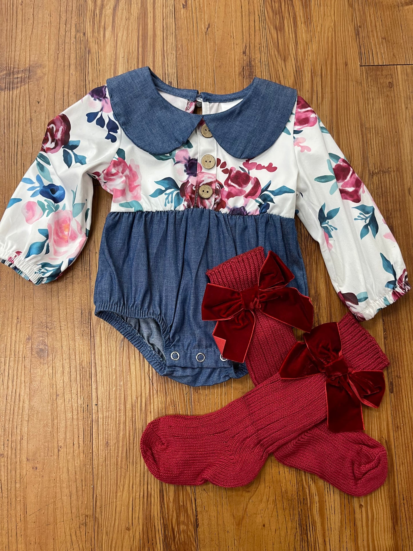 Denim floral baby romper