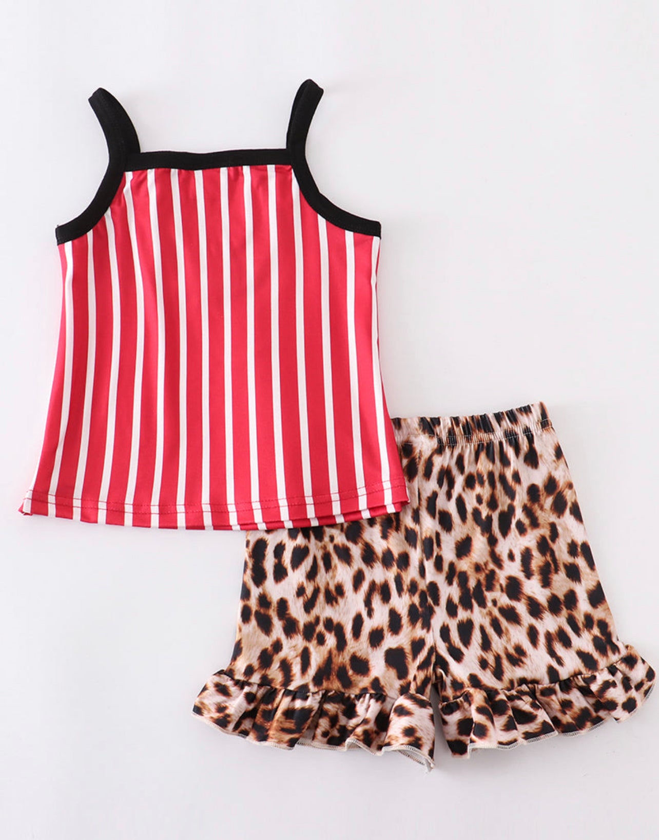 Red stripe leopard shorts set