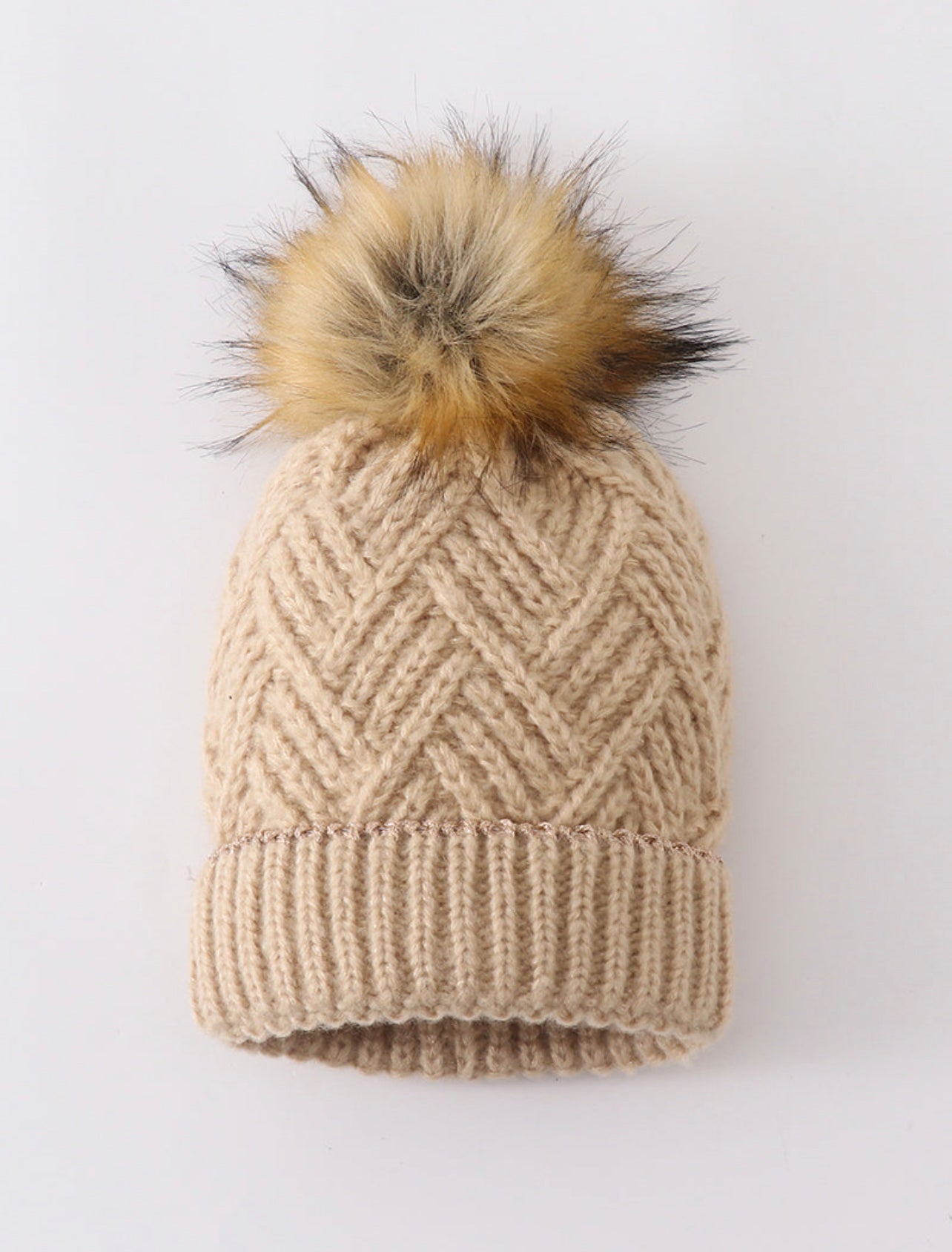 Beige Cross Cable Pom Pom beanie