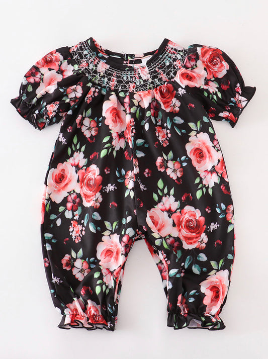 Black floral smocked romper