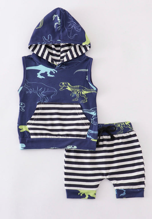 Navy Dinosaur shorts hoodie set