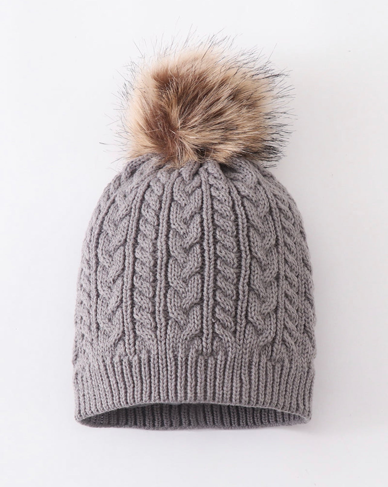 Grey Cable Knit Pom Pom beanie