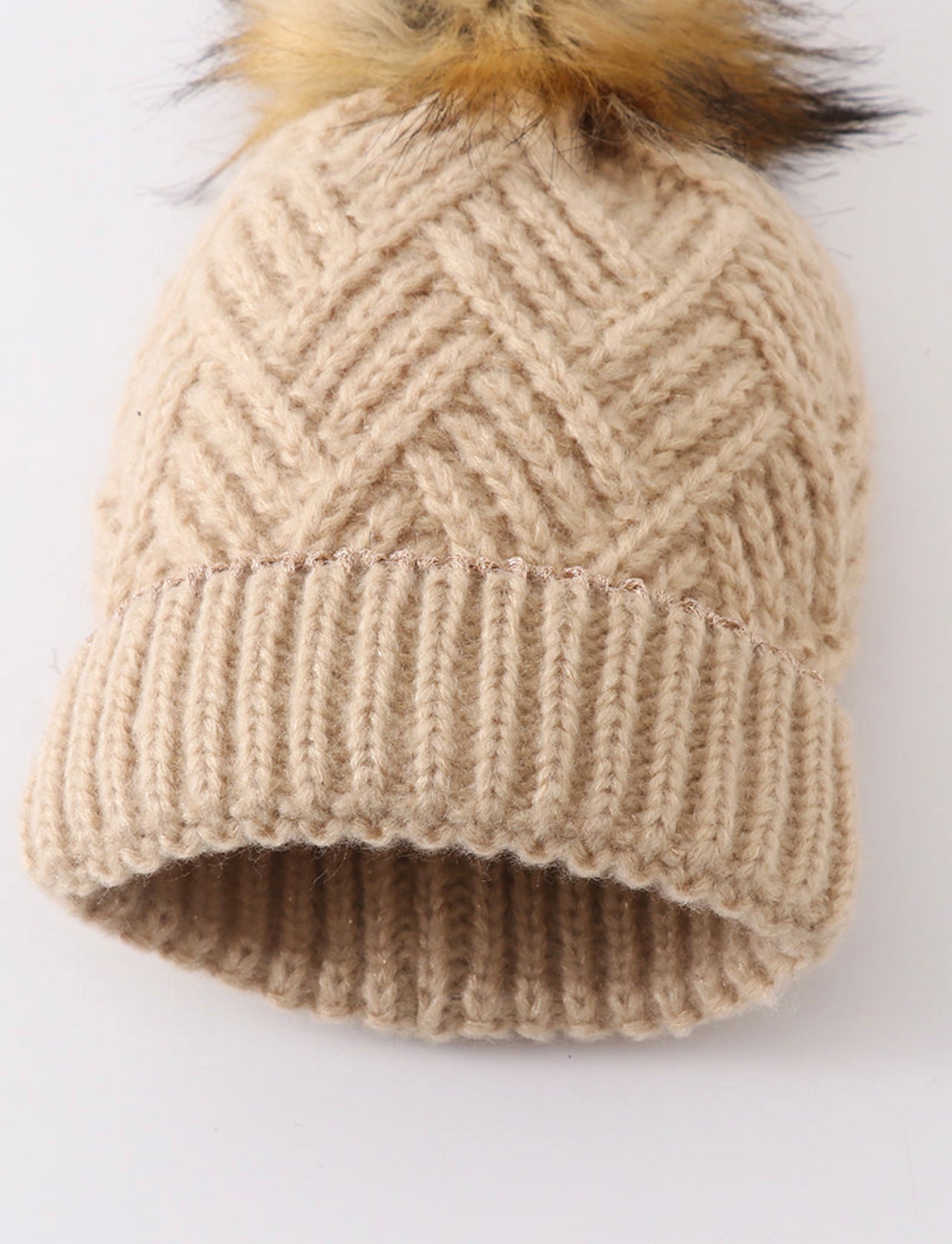 Beige Cross Cable Pom Pom beanie