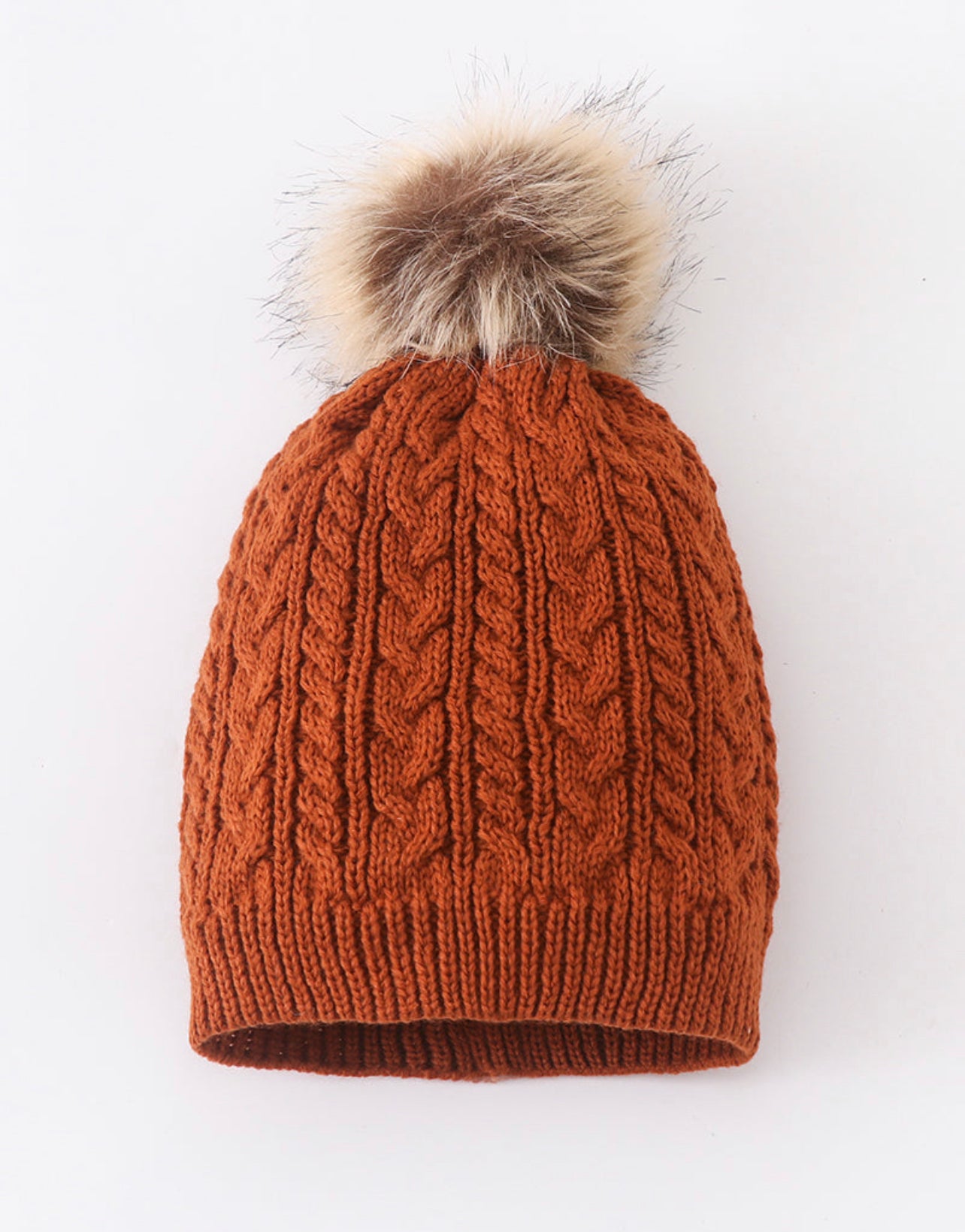 Rust Cable Knit Pom Pom beanie