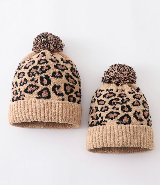 Camel Leopard Pom Pom beanie