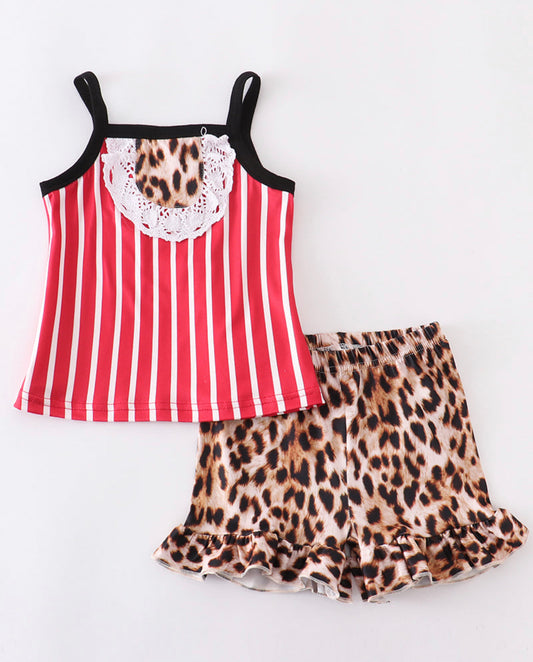 Red stripe leopard shorts set