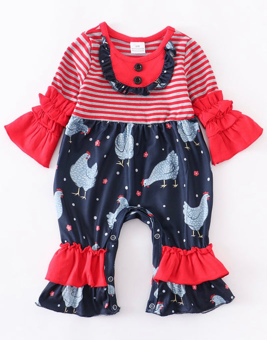 Navy and Red Chicken romper