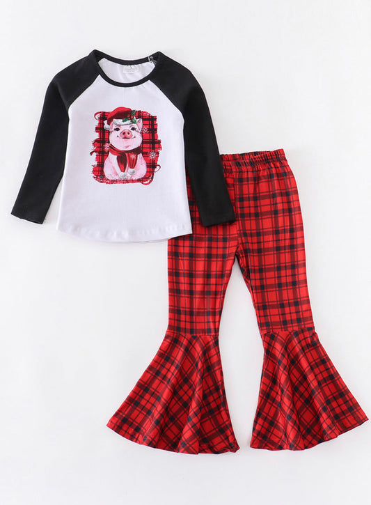 Pig red plaid bell pants set