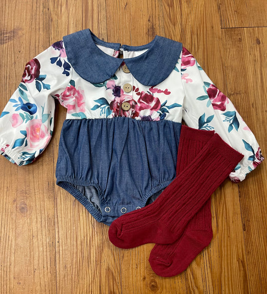 Denim floral baby romper