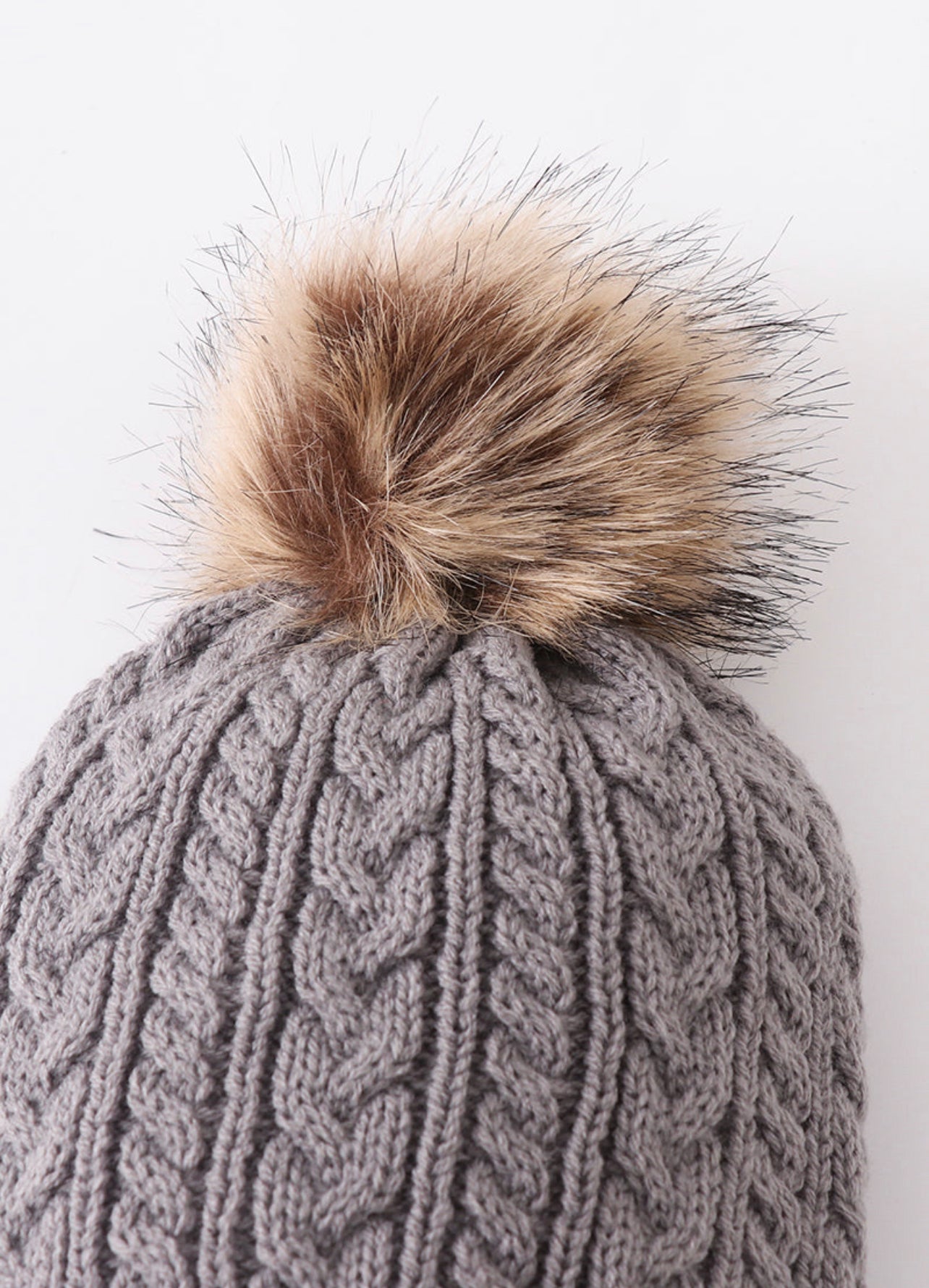 Grey Cable Knit Pom Pom beanie