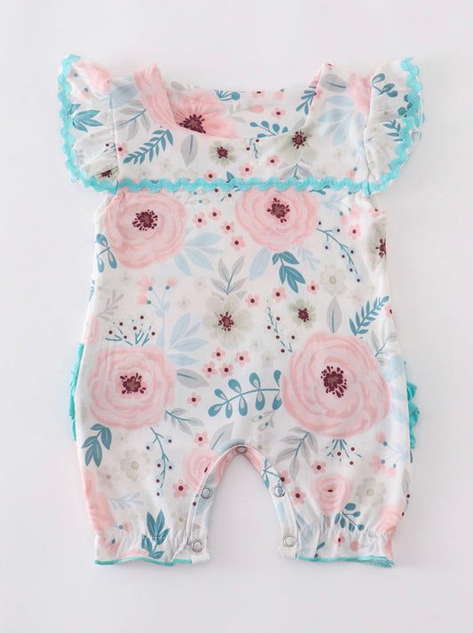 Blue pink floral baby romper