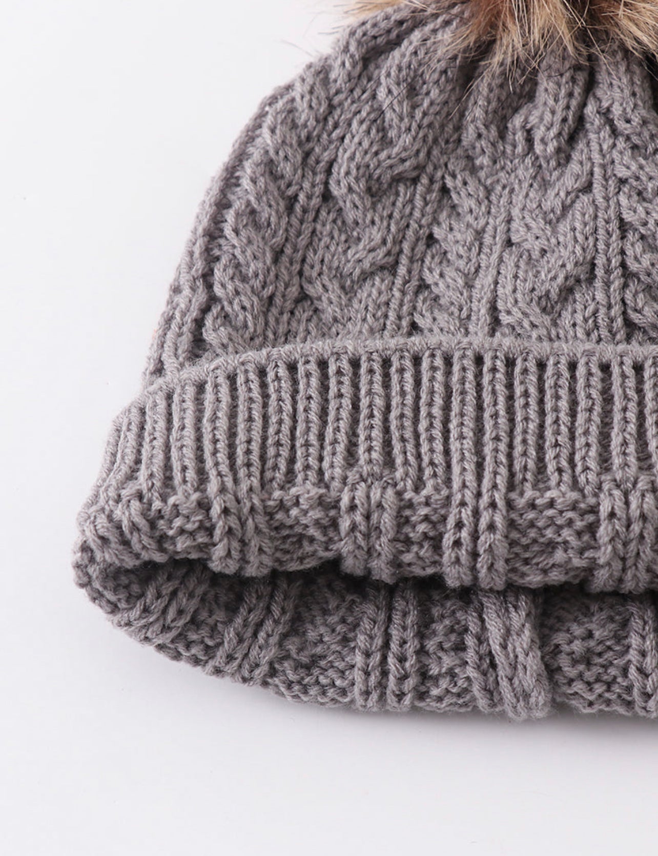 Grey Cable Knit Pom Pom beanie