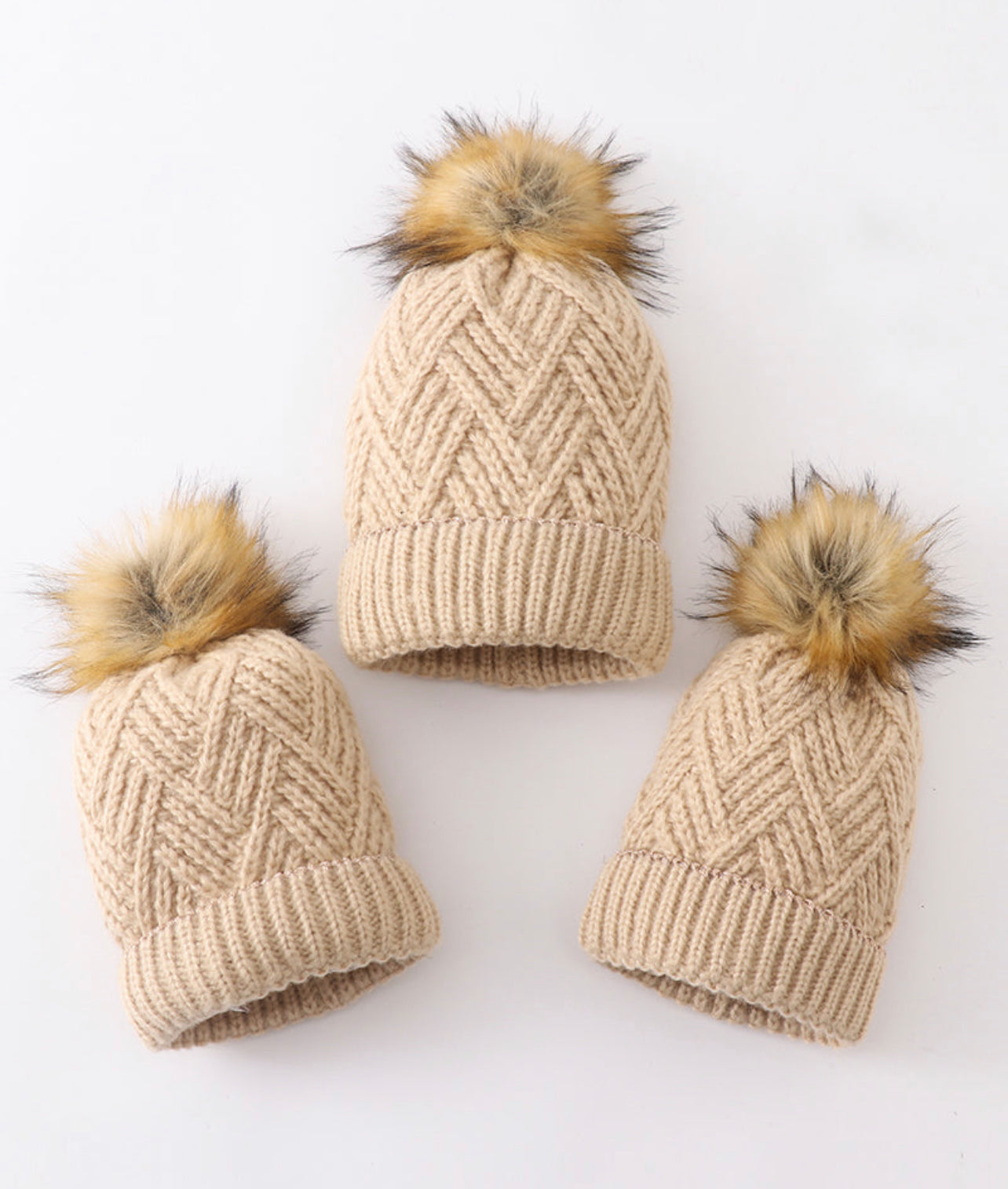 Beige Cross Cable Pom Pom beanie