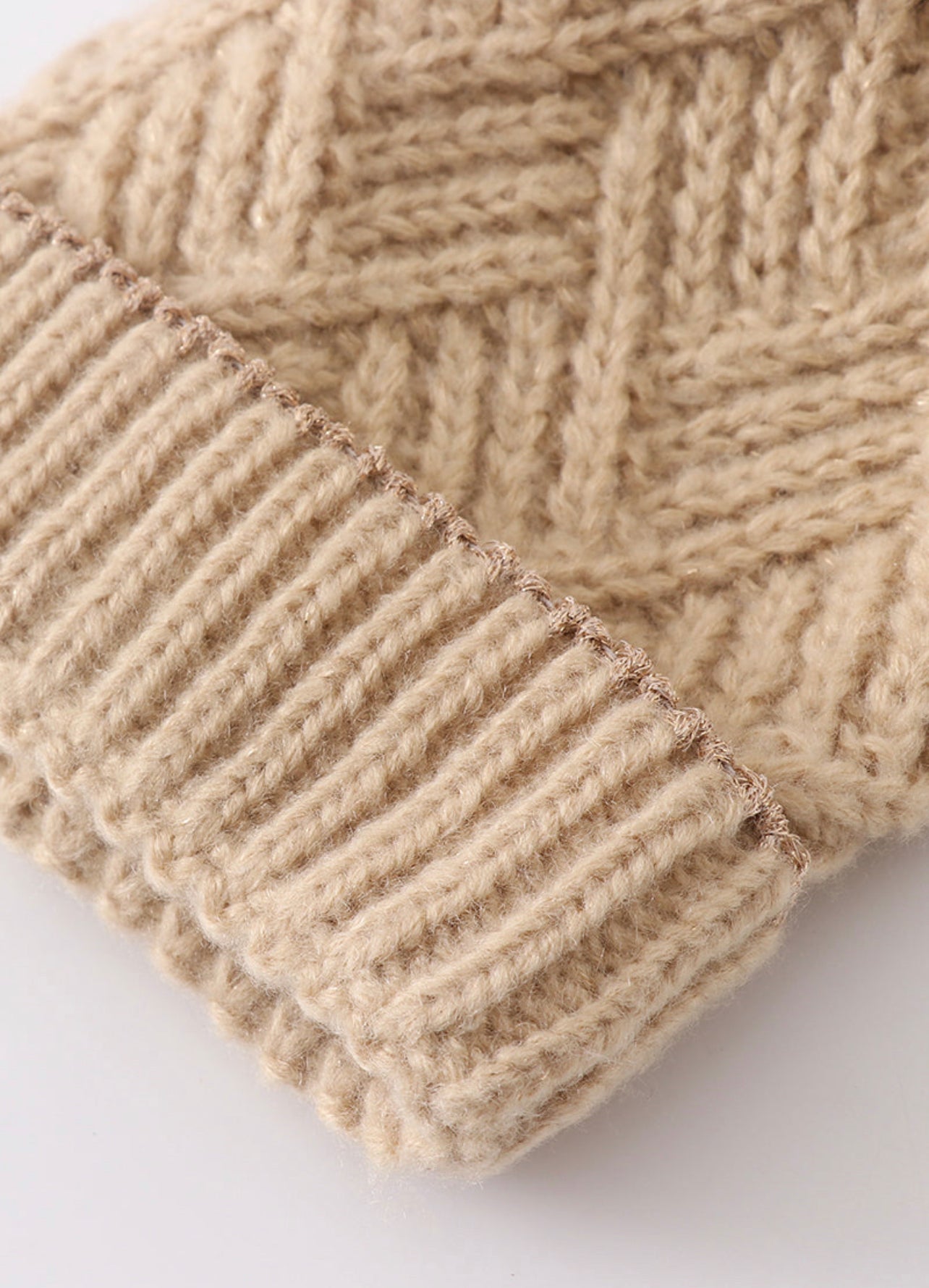 Beige Cross Cable Pom Pom beanie