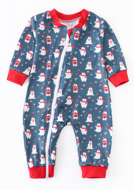 Navy bear zip boy romper