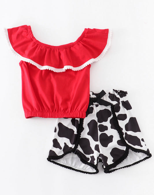 Red ruffle cow print shorts set