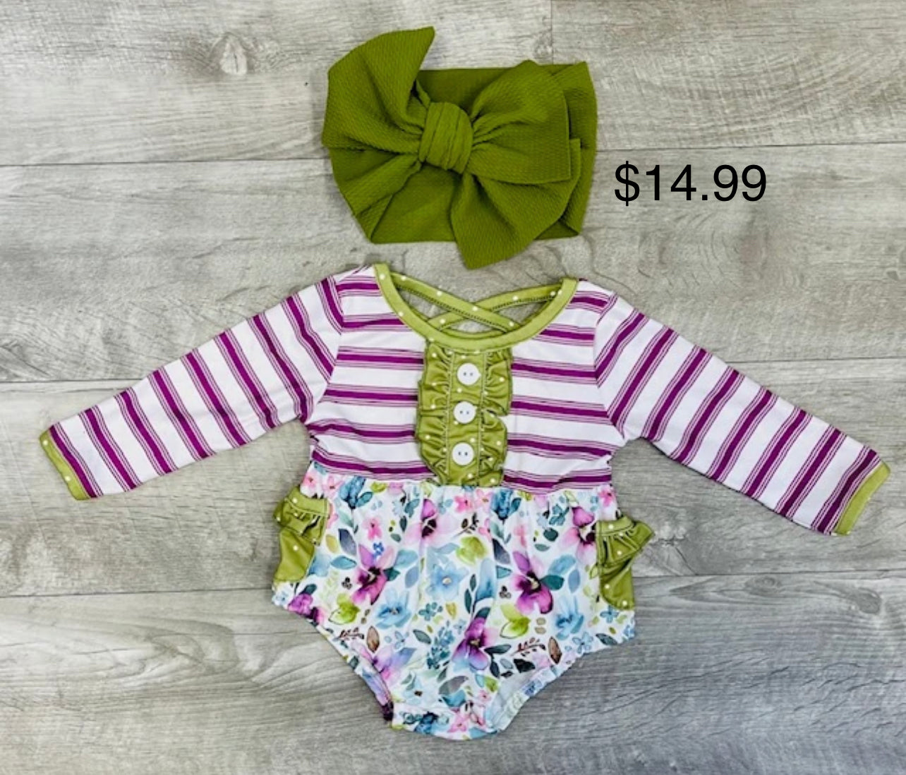 Olive green ruffle baby romper